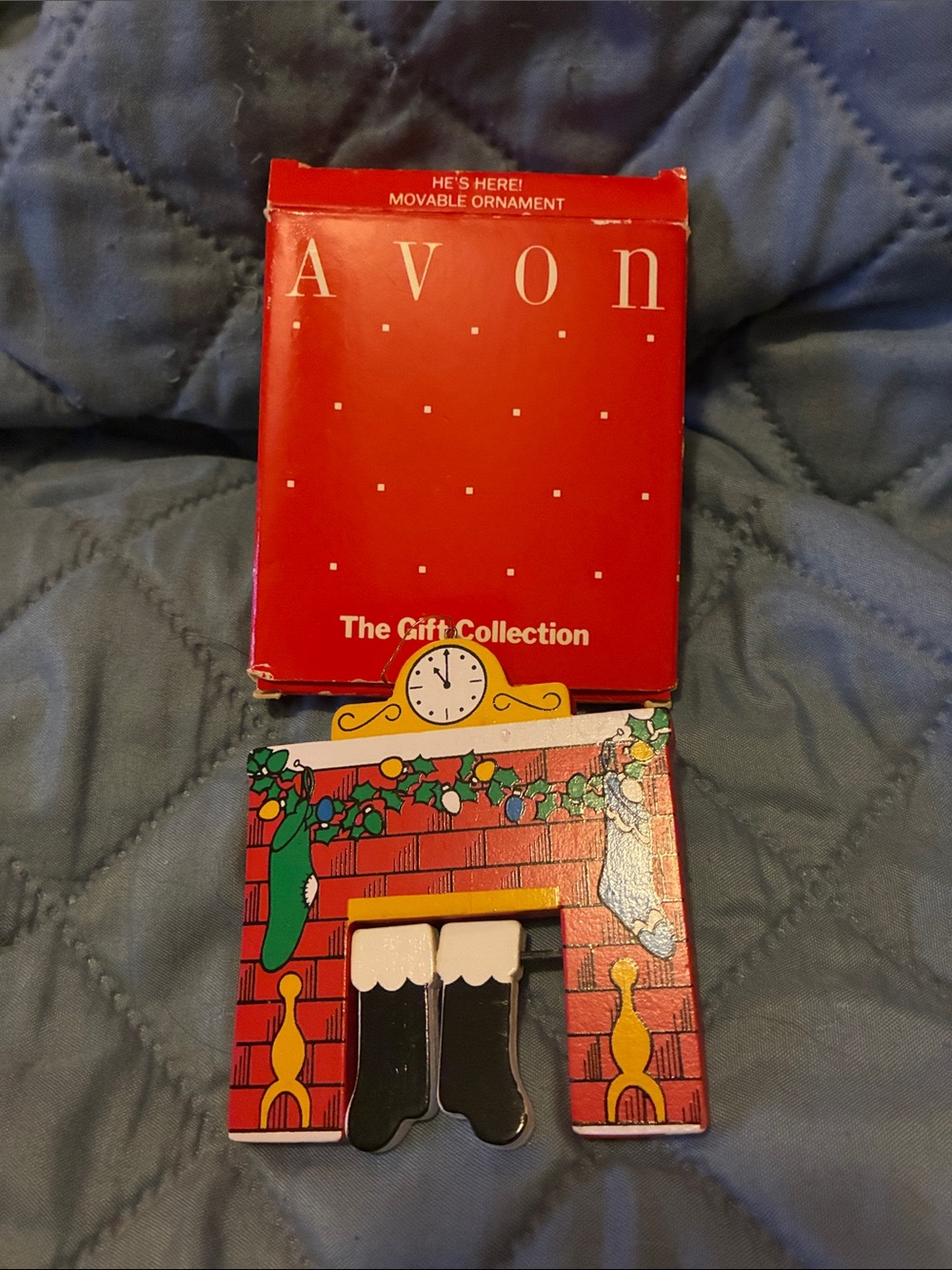 Avon Red and Green Holiday Mantel Ornament with Moveable Black Stockings